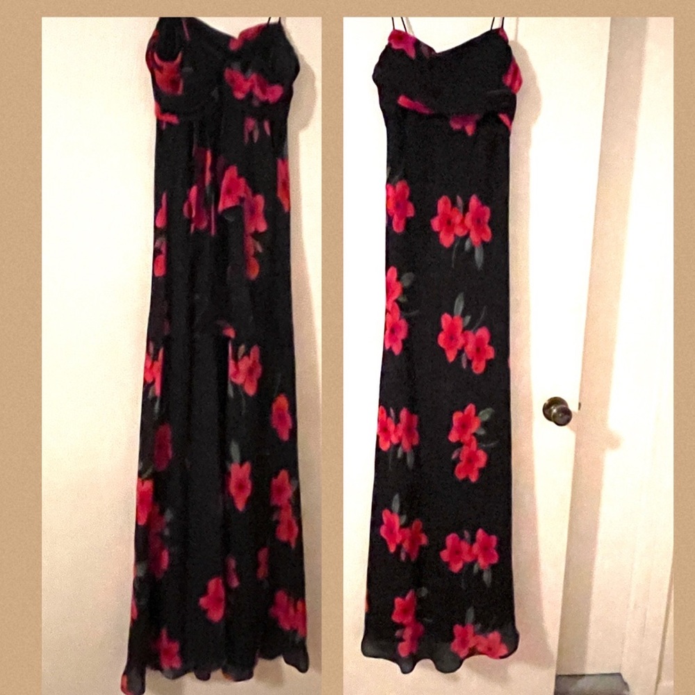 Long strapped red flowered black dress